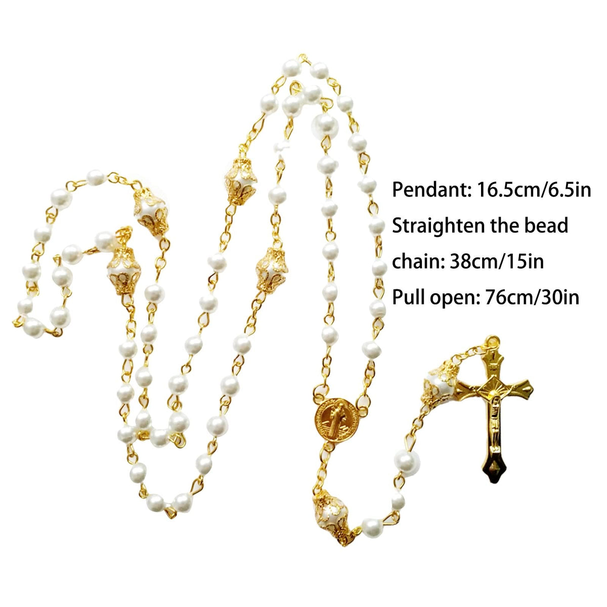 St. Benedict Medal & Crucifix, Round White Pearl Alloy Chain Rosary