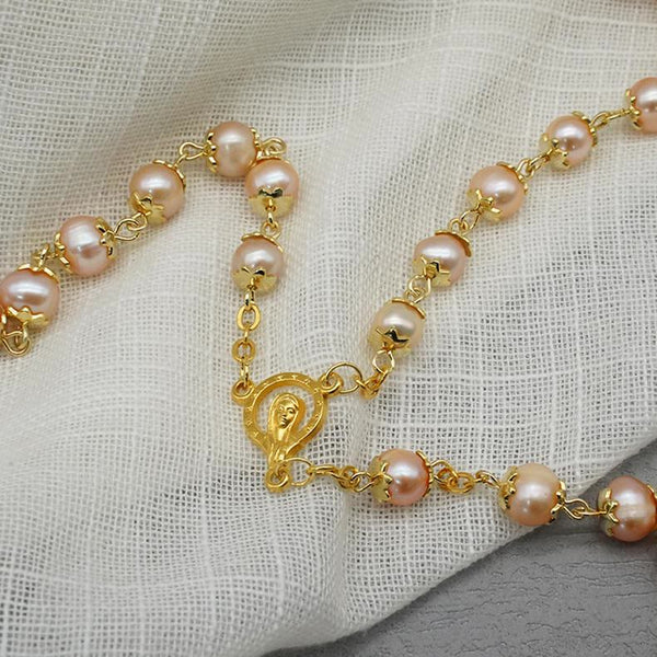 Virgin Mary & Crucifix, Round Champagne Pearl Alloy Chain Rosary