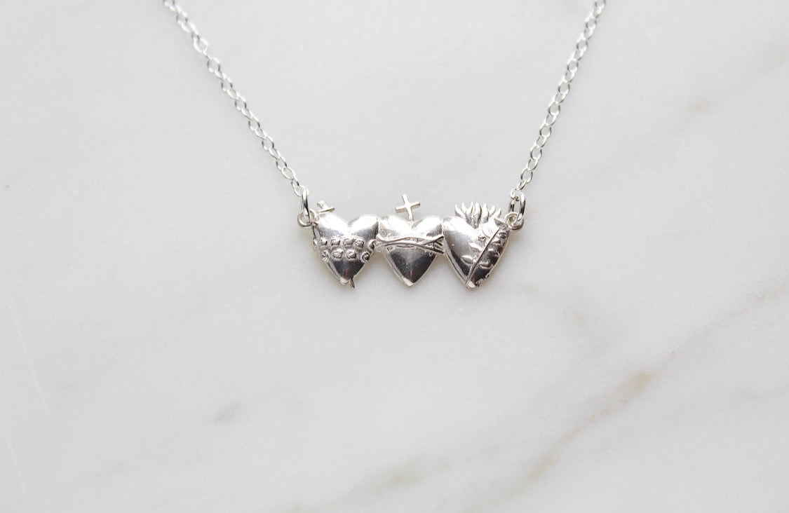 Sacred Hearts of the Holy Family Necklace in Sterling Silver