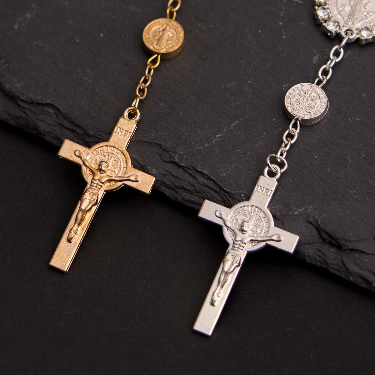 Christian Glass Beads St. Benedict & Jesus Cross Bracelet Rosary