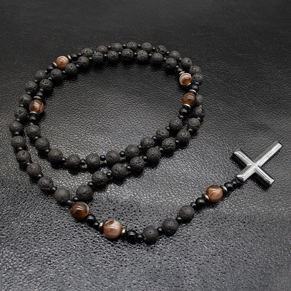 Agate & Tiger's Eye Stone Cross Catholic Rosary