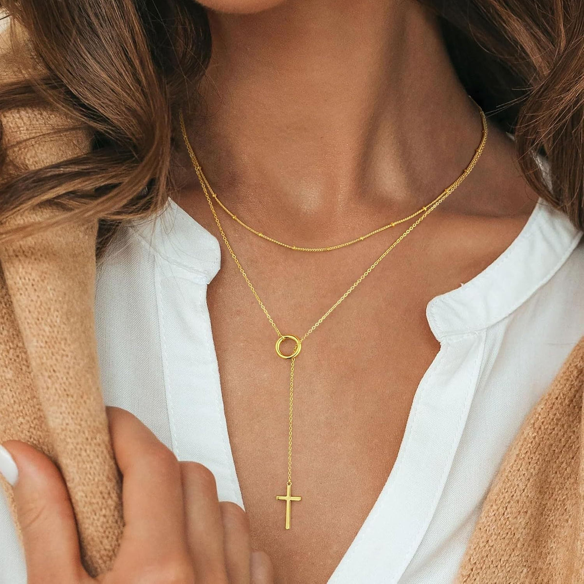 Double Layer Through Grace Cross Necklace