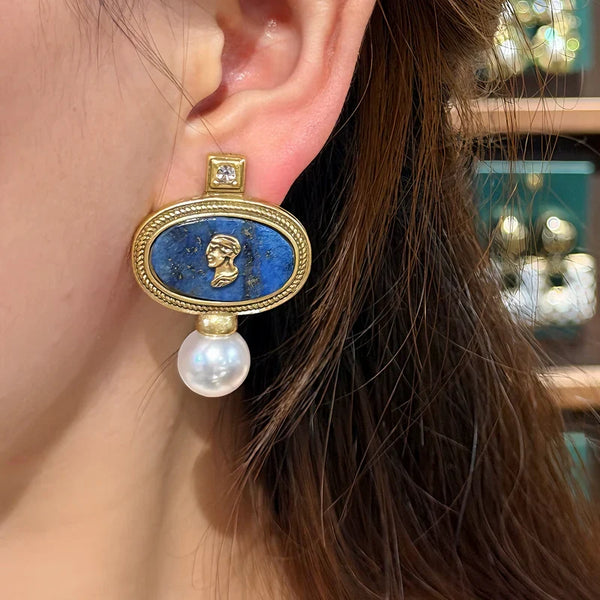 Antique Carving Portraits Pearl Earrings