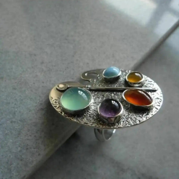 Artist Palette Multicolor Gemstone Adjustable Ring