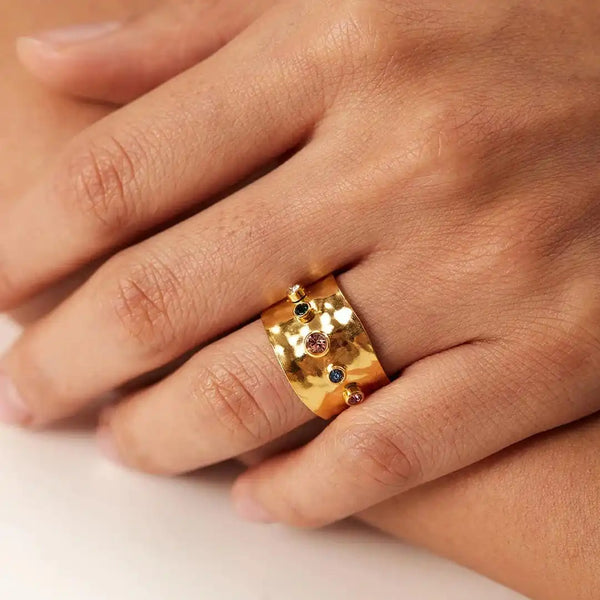 Adjustable Hammered Wide Rainbow Crystal Ring