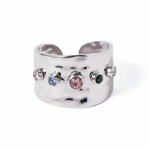 Adjustable Hammered Wide Rainbow Crystal Ring