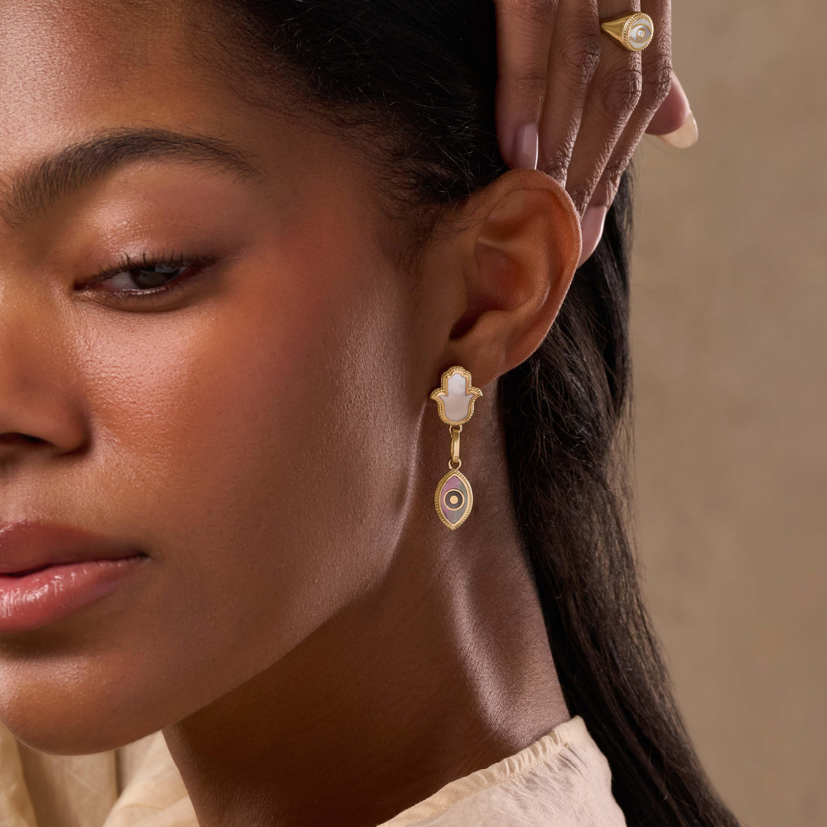 Boundless Joy Hamsa & Evil Eye Mother of Pearl Earrings