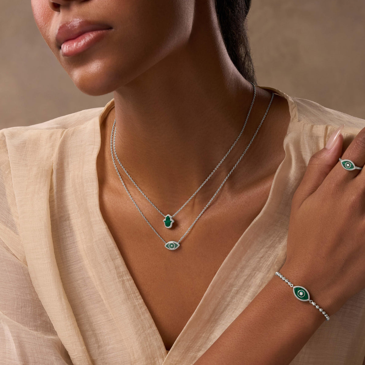 Enduring Peace Evil Eye Malachite Silver Necklace