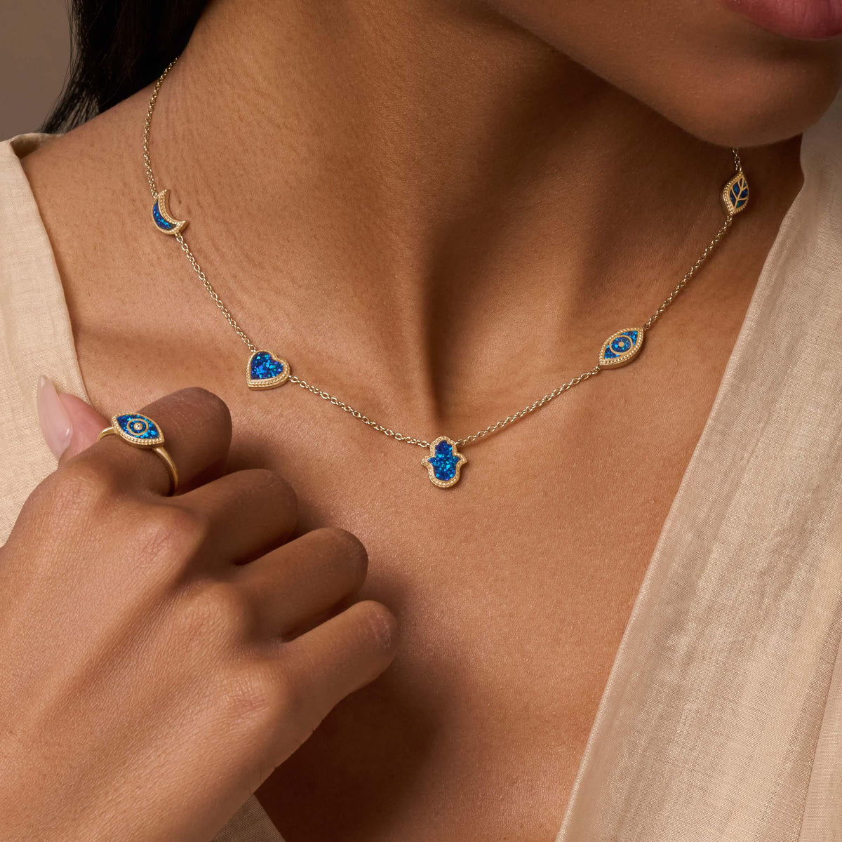 Soothing Aura Lab Blue Opal Multi-Symbol Necklace