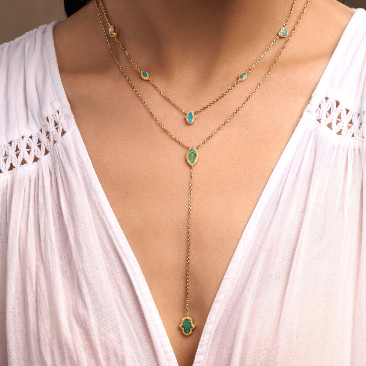 Positive Intentions Amazonite Evil Eye & Hamsa Gold Necklace