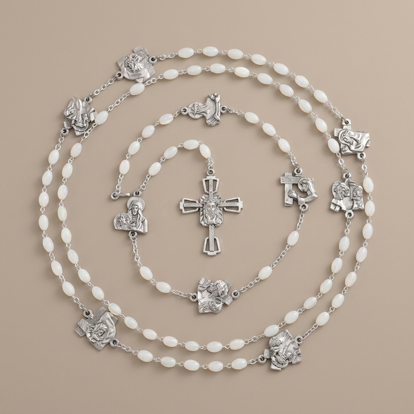 Via Crucis 14 Stations of the Cross Oval Mother of Pearl/Olive Wood Rosary
