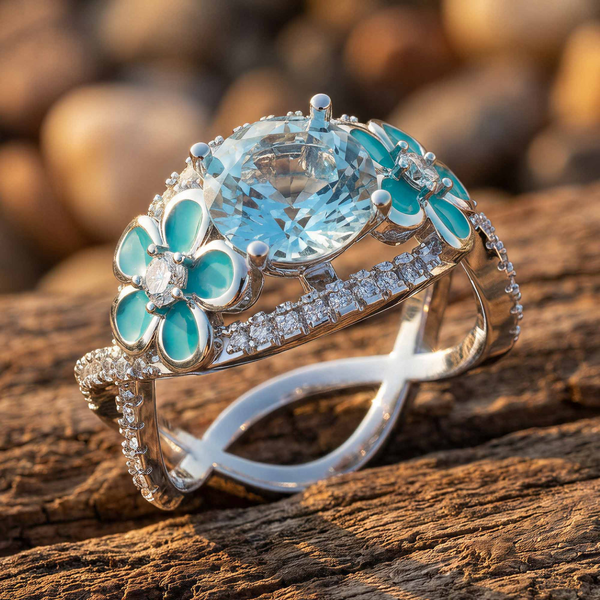 Intertwined Blooming Bud Ring - Aquamarine